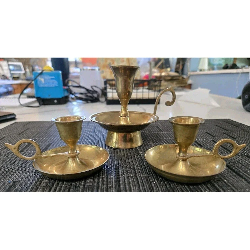 S/3 Vintage Brass Chamberstick Candle Holders